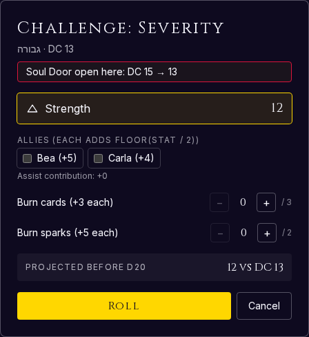 A challenge modal mid-resolution, with a Soul Door bonus called out — stat plus d20 plus cards versus DC.