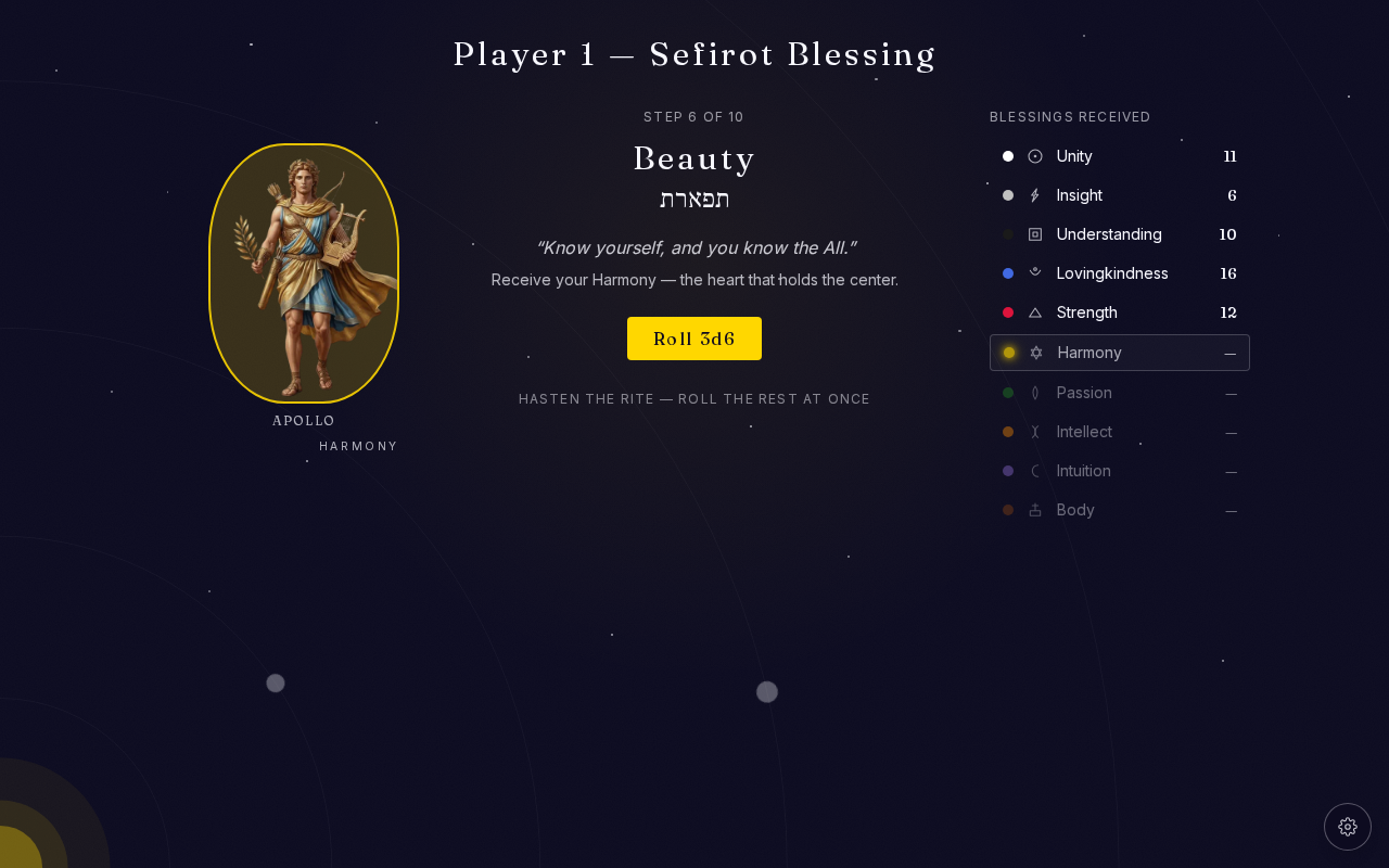 The Blessing Ritual mid-flow — the active Sefirah named in display type, a 3d6 stat roll prompted, the ledger filling up below.
