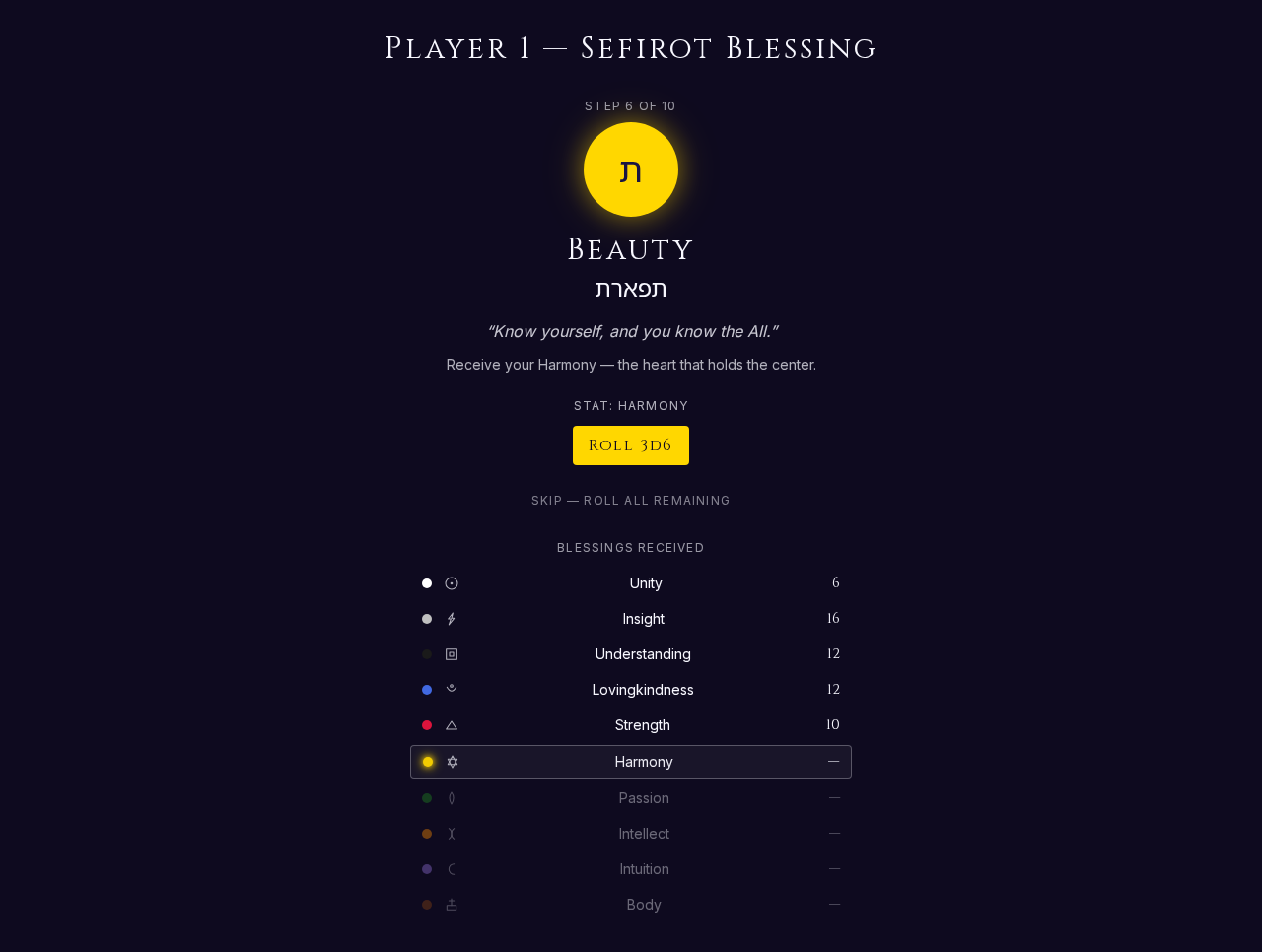 The Blessing Ritual mid-flow — the active Sefirah named in display type, a 3d6 stat roll prompted, the ledger filling up below.