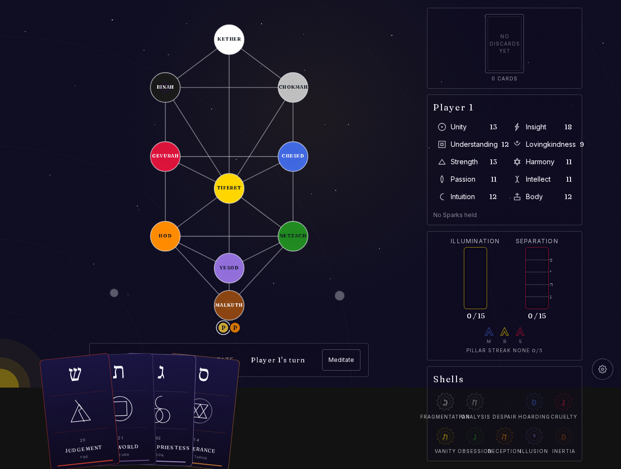 The live play surface — Tree of Life board centre, hand fan below, team meters and turn UI to the side.