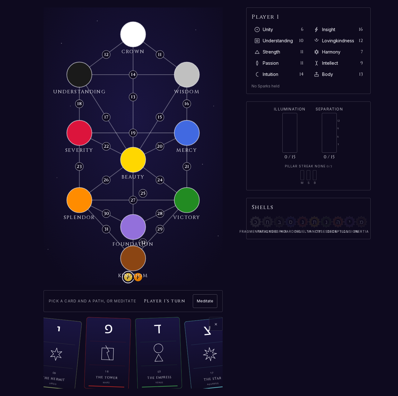 The live play surface — Tree of Life board centre, hand fan below, team meters and turn UI to the side.